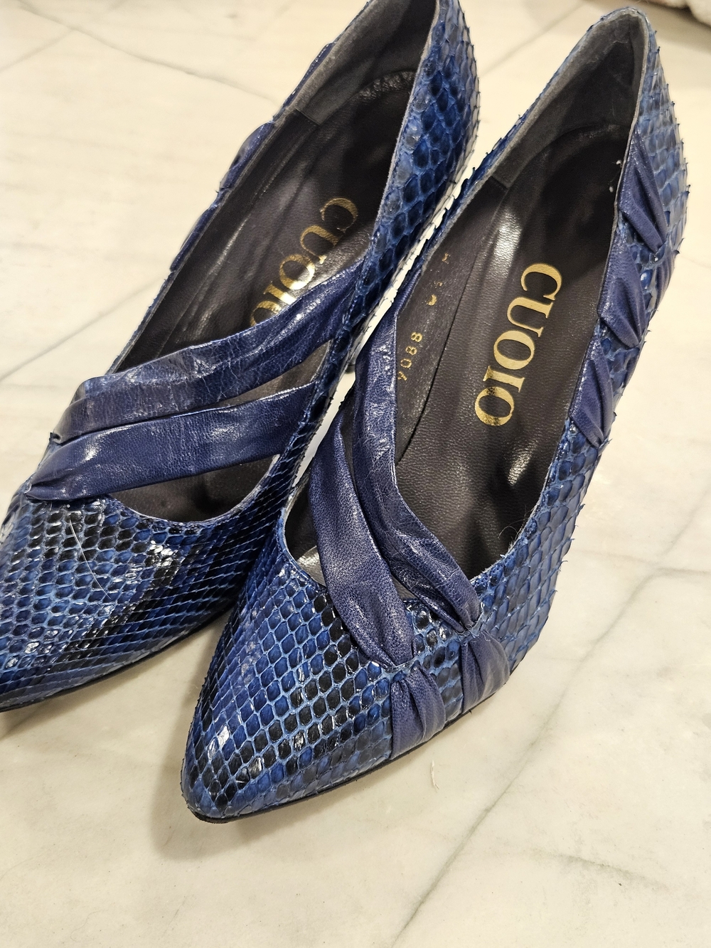 Rare Vintage Italian Blue Genuine Python Snakeskin Ruched Pumps Heels Sz 6.5 M